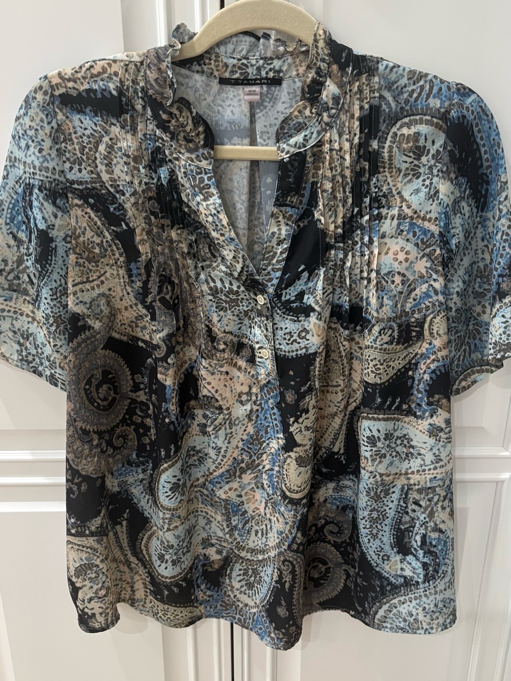 T Tahari Black Paisley Short-Sleeve Blouse